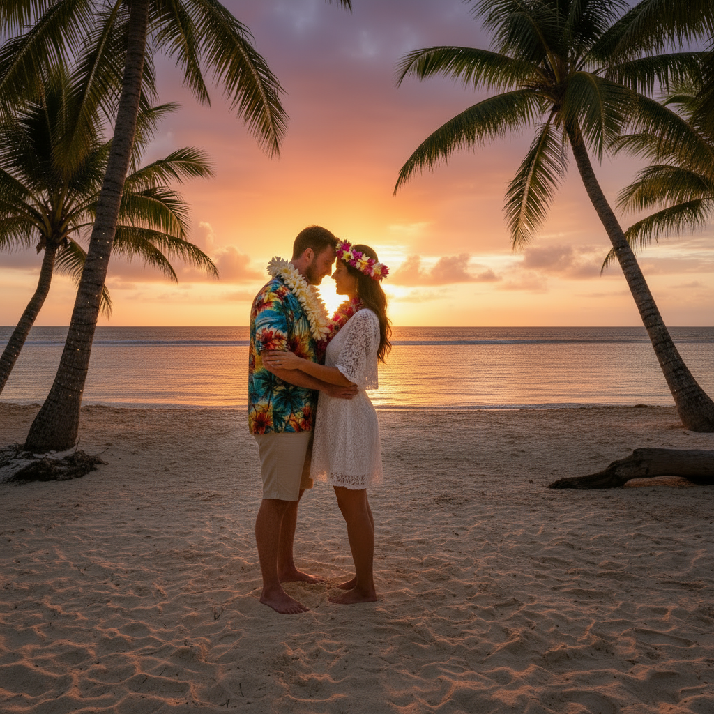 a romantic wedding photo on a tropical beach at sunset; the couple (man and woman) is standing on sand, not in water; the man wears shorts, barefoot, a Hawaiian shirt, and a white lei around his neck; the woman is in a short white tropical dress with a flower head lei; there are no chairs or lights in the scene.